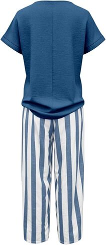Women Linen Sets 2 Piece Outfits Summer Short Sleeve T Shirts Striped Wide Leg Pants Matching Lounge Casual Outfits in Kuwait
