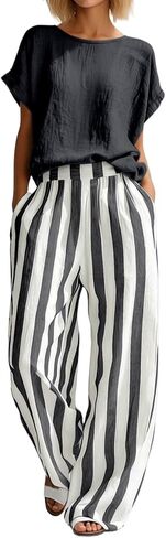 Women Linen Sets 2 Piece Outfits Summer Short Sleeve T Shirts Striped Wide Leg Pants Matching Lounge Casual Outfits in Kuwait