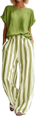 Women Linen Sets 2 Piece Outfits Summer Short Sleeve T Shirts Striped Wide Leg Pants Matching Lounge Casual Outfits in Kuwait