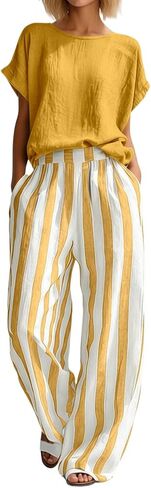 Women Linen Sets 2 Piece Outfits Summer Short Sleeve T Shirts Striped Wide Leg Pants Matching Lounge Casual Outfits in Kuwait