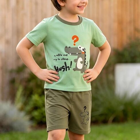 Boys 2 Piece Outfit Set Short Sleeve Shirt Elastic Waist Shorts Cartoon Alligator Print Crewneck Casual Playwear in Kuwait