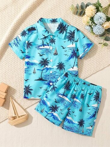 Toddler Boy Short Sleeve Set Button Down Shirt Comfy Shorts Two Piece Beach Outfit in Kuwait