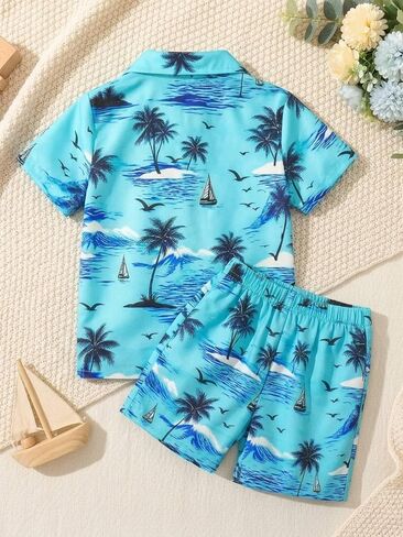 Toddler Boy Short Sleeve Set Button Down Shirt Comfy Shorts Two Piece Beach Outfit in Kuwait