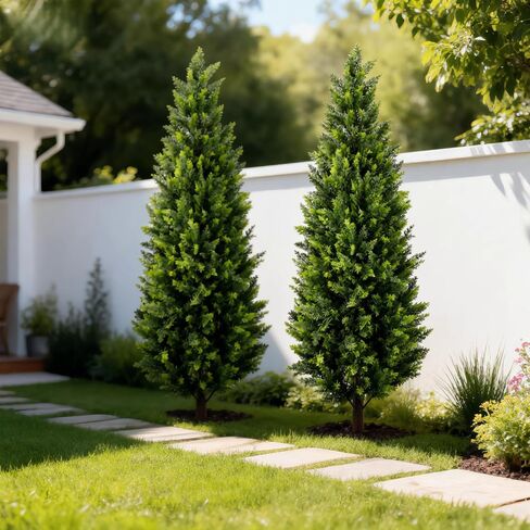 Artificial Cedar Topiary Trees 4ft Set of 2,Fake Shrubs with Ground Spike,UV Resistant Cypress Tree,Faux Bushes for Outdoors,Fake Plants for Outdoor Indoor Front Porch Patio Garden Decor in Saudi Arabia