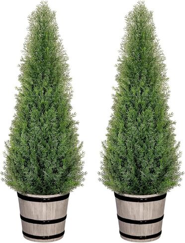 Artificial Cedar Trees 4FT Faux Cedar Topiary Evergreen Plants Outdoor Indoor Fake Cypress Pine Trees with Barrel Planter for Front Porch Entryway Patio Garden Home Decor Set of 2 in Saudi Arabia