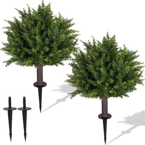 24.5 Inch Set of 2 Topiary Cedar Trees Artificial Outdoor,UV Resistant Shrubs Artificial Outdoor Plants,Artificial Bushes for Outdoors with Ground Spike for Spring Porch Decor（2PCS） in Kuwait