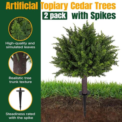 24.5 Inch Set of 2 Topiary Cedar Trees Artificial Outdoor,UV Resistant Shrubs Artificial Outdoor Plants,Artificial Bushes for Outdoors with Ground Spike for Spring Porch Decor（2PCS） in Kuwait