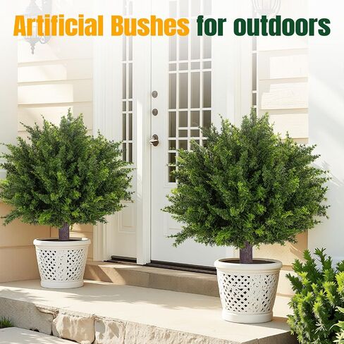 24.5 Inch Set of 2 Topiary Cedar Trees Artificial Outdoor,UV Resistant Shrubs Artificial Outdoor Plants,Artificial Bushes for Outdoors with Ground Spike for Spring Porch Decor（2PCS） in Kuwait