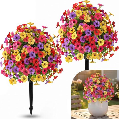 Set of 2 Artificial Topiary Ball Flowers for Outdoors Planters, 22'' Spring Decoration with Spike, UV Resistant Faux Summer Plants, Fake Bushes Decor Porch & Patio (Colorful Violet) in Saudi Arabia