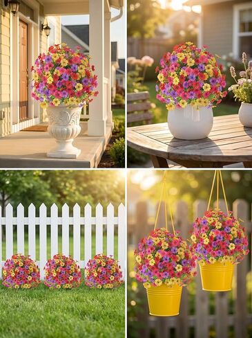 Set of 2 Artificial Topiary Ball Flowers for Outdoors Planters, 22'' Spring Decoration with Spike, UV Resistant Faux Summer Plants, Fake Bushes Decor Porch & Patio (Colorful Violet) in Saudi Arabia
