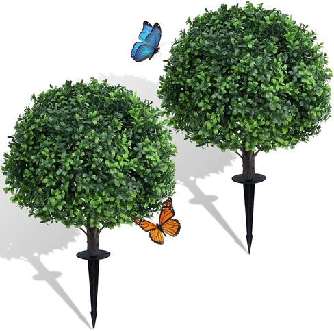 Dense Leafy Artificial Boxwood Topiary Ball Trees 24 Inch, Set of 2 Fake Plants Outdoor with Ground Spike, UV Resistant Faux Boxwood Bushes for Garden Patio Front Porch Decor in Kuwait