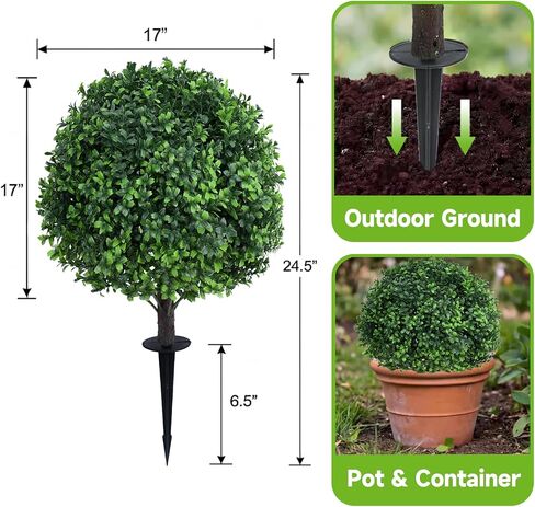 Dense Leafy Artificial Boxwood Topiary Ball Trees 24 Inch, Set of 2 Fake Plants Outdoor with Ground Spike, UV Resistant Faux Boxwood Bushes for Garden Patio Front Porch Decor in Kuwait