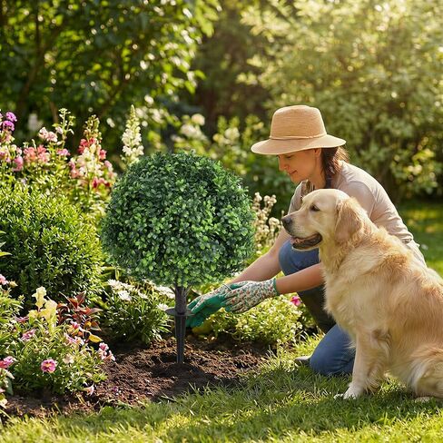 Dense Leafy Artificial Boxwood Topiary Ball Trees 24 Inch, Set of 2 Fake Plants Outdoor with Ground Spike, UV Resistant Faux Boxwood Bushes for Garden Patio Front Porch Decor in Kuwait