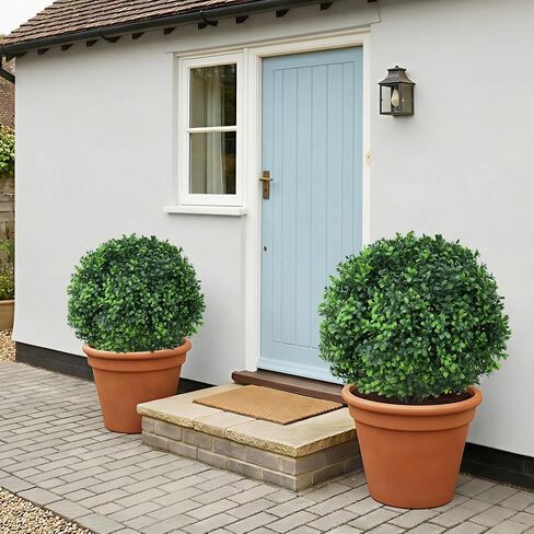 Dense Leafy Artificial Boxwood Topiary Ball Trees 24 Inch, Set of 2 Fake Plants Outdoor with Ground Spike, UV Resistant Faux Boxwood Bushes for Garden Patio Front Porch Decor in Kuwait