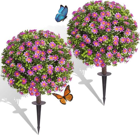 Dense Leafy Artificial Boxwood Topiary Ball Trees 24 Inch, Set of 2 Fake Plants Outdoor with Ground Spike, UV Resistant Faux Boxwood Bushes for Garden Patio Front Porch Decor in Kuwait