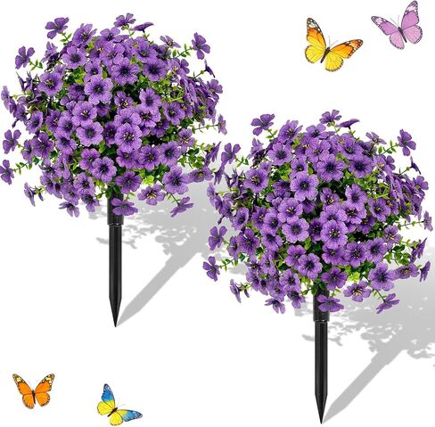 Artificial Plants Bushes for Outdoors, 2 Pack 25.6" Faux Topiary Ball Trees Lavender Plants with Stakes/Spikes for Outside, UV Resistant Fake Greenery for Front Porch, Garden, Yard (Purple, Green ) in Saudi Arabia