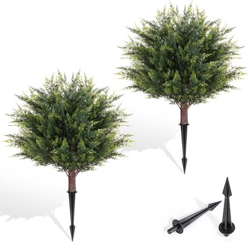 AENTGIU 23.6" Artificial Cedar Topiary Ball Trees, 2-Pack Outdoor Faux Cypress Shrubs with Ground Spikes, UV Resistant Fake Greenery Bushes for Front Porch Planters, Patio, Entryway, Garden Decor in Saudi Arabia