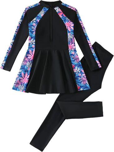 FYMNSI Girls Modest Full Coverage Swimsuit Long Sleeve Rash Guard with Pants UPF 50+ Sun Protection Swimwear for Kids 5-14 in Kuwait