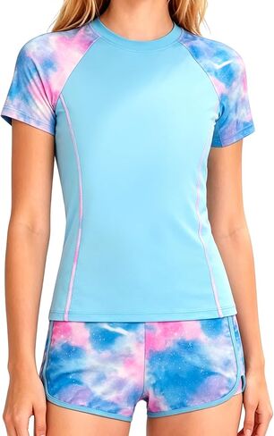 DOCUMO Girls Rash Guard Swimsuit 2-Piece Short Sleeve Colorblock Quick Dry Bathing Suit UPF 50+ Beach Swimwear Size 6-15Y in Saudi Arabia
