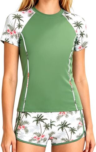 DOCUMO Girls Rash Guard Swimsuit 2-Piece Short Sleeve Colorblock Quick Dry Bathing Suit UPF 50+ Beach Swimwear Size 6-15Y in Saudi Arabia