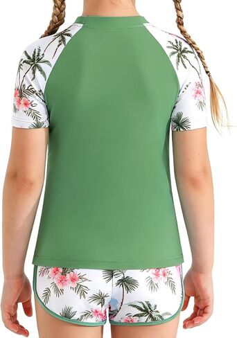 DOCUMO Girls Rash Guard Swimsuit 2-Piece Short Sleeve Colorblock Quick Dry Bathing Suit UPF 50+ Beach Swimwear Size 6-15Y in Saudi Arabia