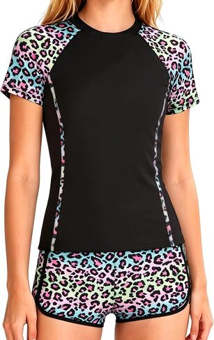 DOCUMO Girls Rash Guard Swimsuit 2-Piece Short Sleeve Colorblock Quick Dry Bathing Suit UPF 50+ Beach Swimwear Size 6-15Y in Saudi Arabia