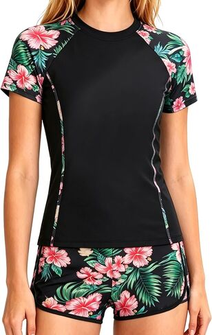 DOCUMO Girls Rash Guard Swimsuit 2-Piece Short Sleeve Colorblock Quick Dry Bathing Suit UPF 50+ Beach Swimwear Size 6-15Y in Saudi Arabia