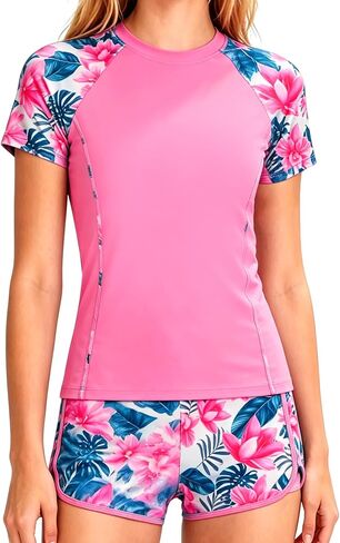DOCUMO Girls Rash Guard Swimsuit 2-Piece Short Sleeve Colorblock Quick Dry Bathing Suit UPF 50+ Beach Swimwear Size 6-15Y in Saudi Arabia