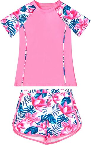 DOCUMO Girls Rash Guard Swimsuit 2-Piece Short Sleeve Colorblock Quick Dry Bathing Suit UPF 50+ Beach Swimwear Size 6-15Y in Saudi Arabia