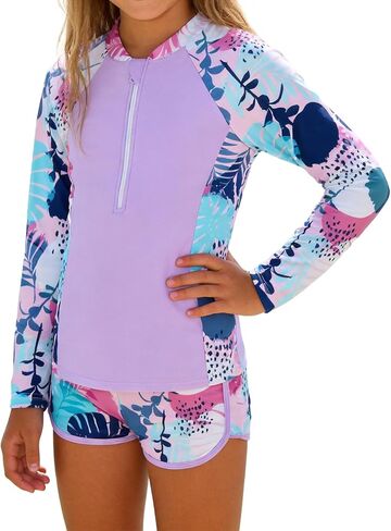 OBEEII Girls Long Sleeve Floral Print Swimsuit Swimming Top+ Bottom Rash Guard Two Pieces Set Zip Up Surfing Bathing Suit in Kuwait