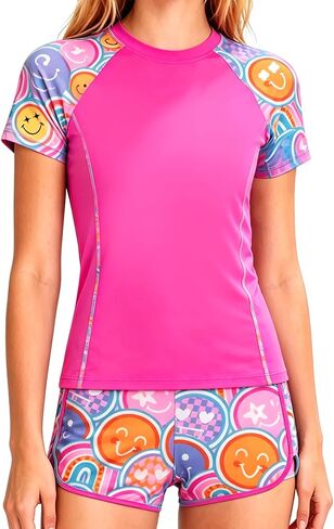 DOCUMO Girls Rash Guard Swimsuit 2-Piece Short Sleeve Colorblock Quick Dry Bathing Suit UPF 50+ Beach Swimwear Size 6-15Y in Saudi Arabia