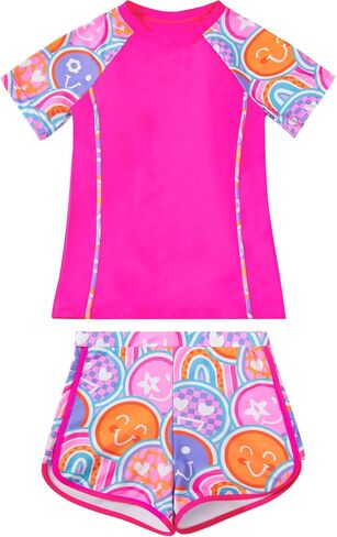 DOCUMO Girls Rash Guard Swimsuit 2-Piece Short Sleeve Colorblock Quick Dry Bathing Suit UPF 50+ Beach Swimwear Size 6-15Y in Saudi Arabia