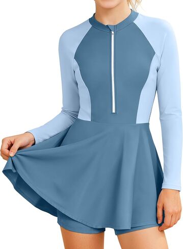 ملابس سباحة للفتيات من Rash Guard قطعتين فستان سباحة بأكمام طويلة نصف سحاب مع شورت UPF 50+ بدلة استحمام مبطنة للفتيات 9-16 سنة in Kuwait