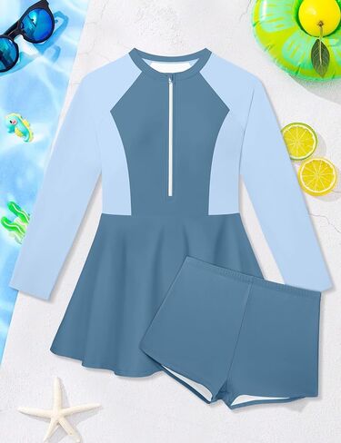 ملابس سباحة للفتيات من Rash Guard قطعتين فستان سباحة بأكمام طويلة نصف سحاب مع شورت UPF 50+ بدلة استحمام مبطنة للفتيات 9-16 سنة in Kuwait