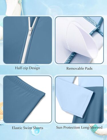 ملابس سباحة للفتيات من Rash Guard قطعتين فستان سباحة بأكمام طويلة نصف سحاب مع شورت UPF 50+ بدلة استحمام مبطنة للفتيات 9-16 سنة in Kuwait