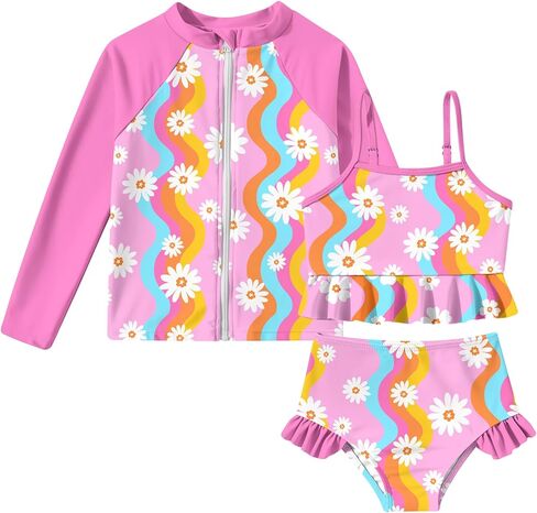 Funnycokid Girls Swimsuit Kids Bathing Suit Rashguard Swimwear Long Sleeve 3 Piece Toddler 3-7 Years in Kuwait