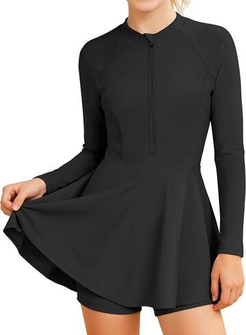 Girls Rash Guard Swimsuit 2 Piece Long Sleeve Half-Zip Swim Dress with Shorts UPF 50+ Padded Girls Bathing Suit 9-16Y in Saudi Arabia