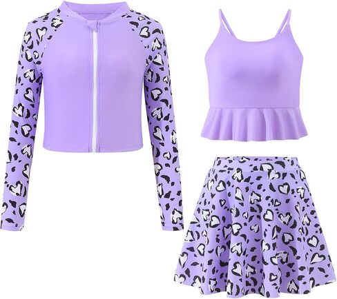 YOURUIKEY Girls Swimsuit 3 Pieces Long Sleeve Zip Rash Guard Set Bikini Bathing Suits Summer Swimwear with Skirt 7-14 Years in Saudi Arabia