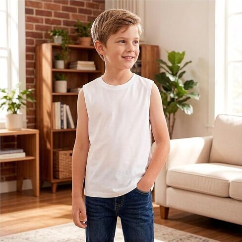Boys' Sleeveless Vest | White Classic Muscle Tee Tank Top for Kids 8-12 Years in Kuwait