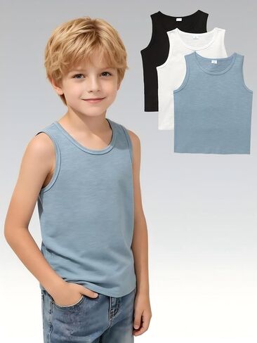 Boys Sleeveless Tank Tops 3 Pack Cotton Athletic Undershirts Casual Vests for Play & Sports in Kuwait