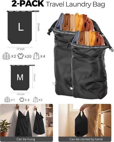 Travel Laundry Bag, Pump-Free Vacuum Compression Dirty Clothes Bag, Reusable Waterproof & Washable Laundry Bag, Wet and Dry Bag, Ideal for Suitcases, Road Trip Essentials (2 Pcs, L+L) Black in Saudi Arabia