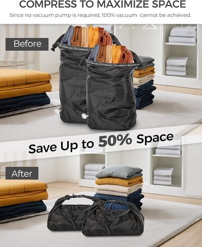 Travel Laundry Bag, Pump-Free Vacuum Compression Dirty Clothes Bag, Reusable Waterproof & Washable Laundry Bag, Wet and Dry Bag, Ideal for Suitcases, Road Trip Essentials (2 Pcs, L+L) Black in Saudi Arabia