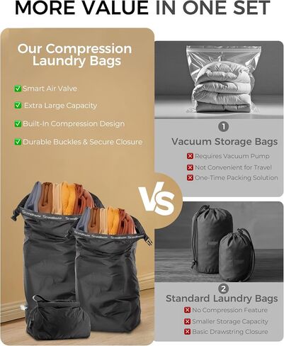 Travel Laundry Bag, Pump-Free Vacuum Compression Dirty Clothes Bag, Reusable Waterproof & Washable Laundry Bag, Wet and Dry Bag, Ideal for Suitcases, Road Trip Essentials (2 Pcs, L+L) Black in Saudi Arabia