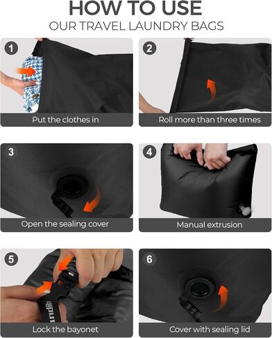 Travel Laundry Bag, Pump-Free Vacuum Compression Dirty Clothes Bag, Reusable Waterproof & Washable Laundry Bag, Wet and Dry Bag, Ideal for Suitcases, Road Trip Essentials (2 Pcs, L+L) Black in Saudi Arabia
