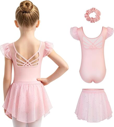 Ballet Leotards for Girls Toddler Dance Leotard with Detachable Shiny Skirt and Hairband Flutter Sleeve Dance Dress in Kuwait