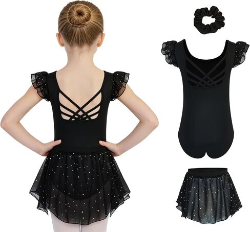 Ballet Leotards for Girls Toddler Dance Leotard with Detachable Shiny Skirt and Hairband Flutter Sleeve Dance Dress in Kuwait
