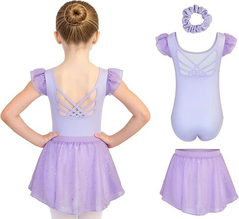Ballet Leotards for Girls Toddler Dance Leotard with Detachable Shiny Skirt and Hairband Flutter Sleeve Dance Dress in Kuwait