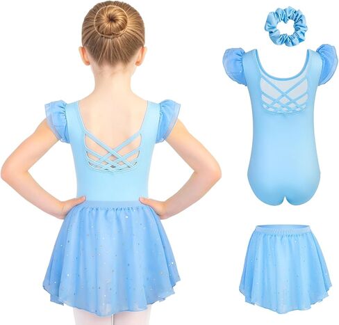 Ballet Leotards for Girls Toddler Dance Leotard with Detachable Shiny Skirt and Hairband Flutter Sleeve Dance Dress in Kuwait