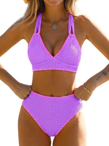 popvil High Waisted Bikini Sets 2026 Neon Two Piece Swimsuits for Women Textured Smocked V Neck 2 Piece Bathing Suits in Kuwait