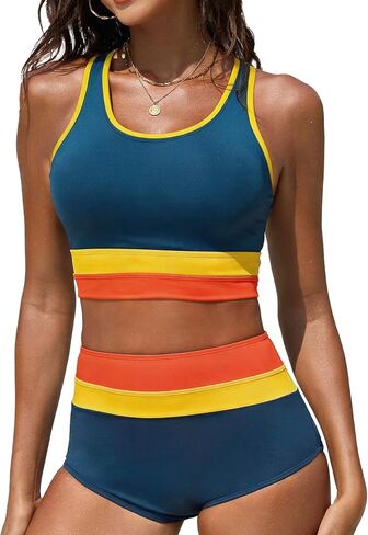 Women's Two Piece Bikini Set High Waisted Tummy Control Bathing Suit Athletic Color Block Swimsuits in Saudi Arabia